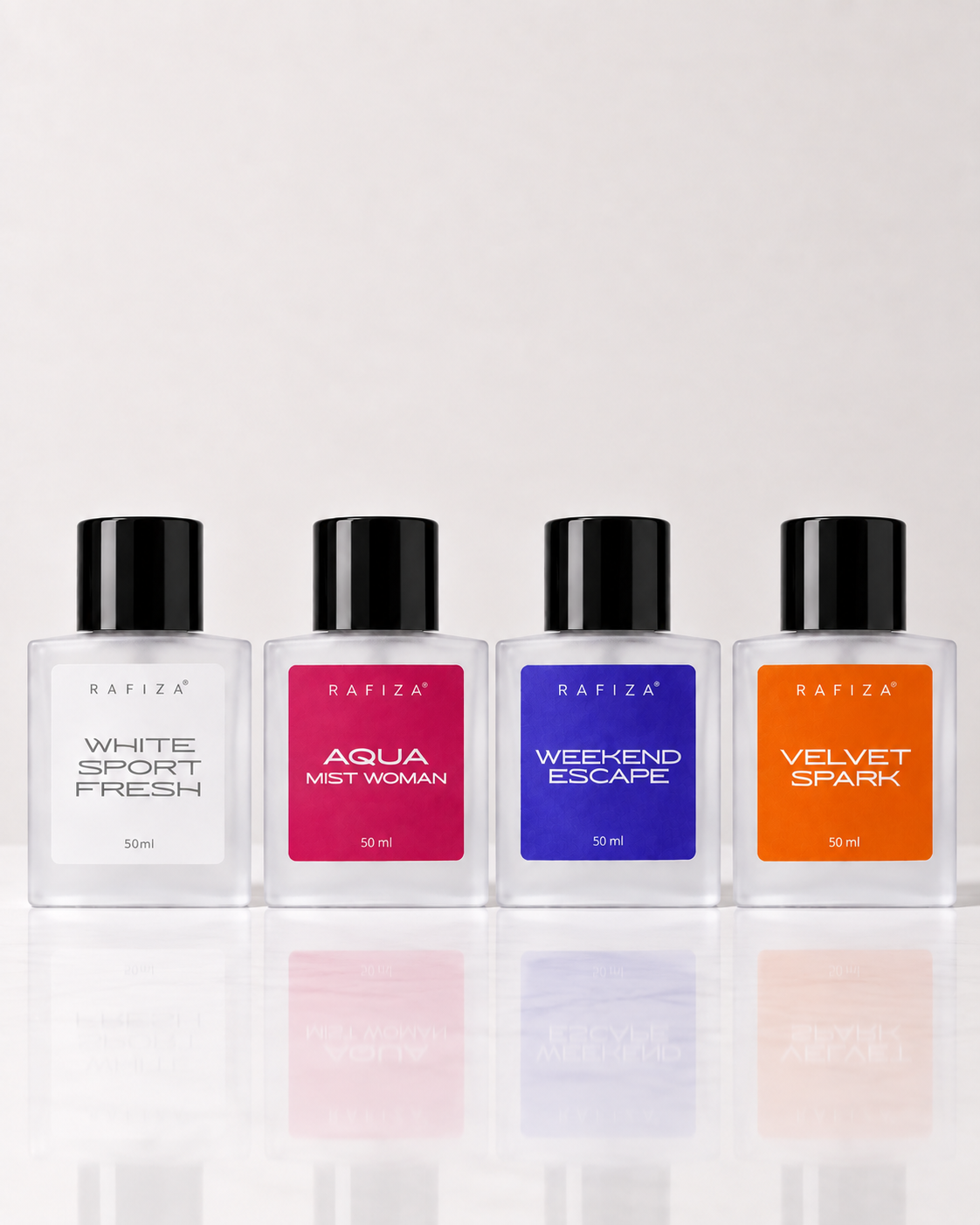 DISCOVERY SET
WHITE SPORT FRESH · VELVET SPARK
WEEKEND ESCAPE · AQUA MIST WOMAN

4 × 50 ml | Total 200 ml
Four Fragrances. Endless Possibilities.