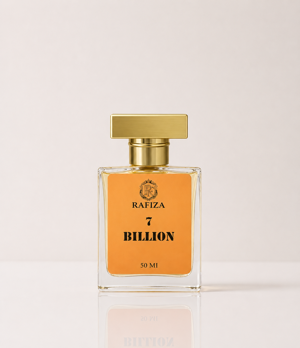 A 50 ml bottle of Rafiza 7 Billion perfume with a square gold cap and a vibrant orange label, set against a clean off-white background with a soft reflection below.