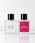 Two 50ml Rafiza perfume bottles on a reflective white surface against a light gray background. The left bottle is labeled 'WHITE SPORT FRESH' with a white label and black cap.
