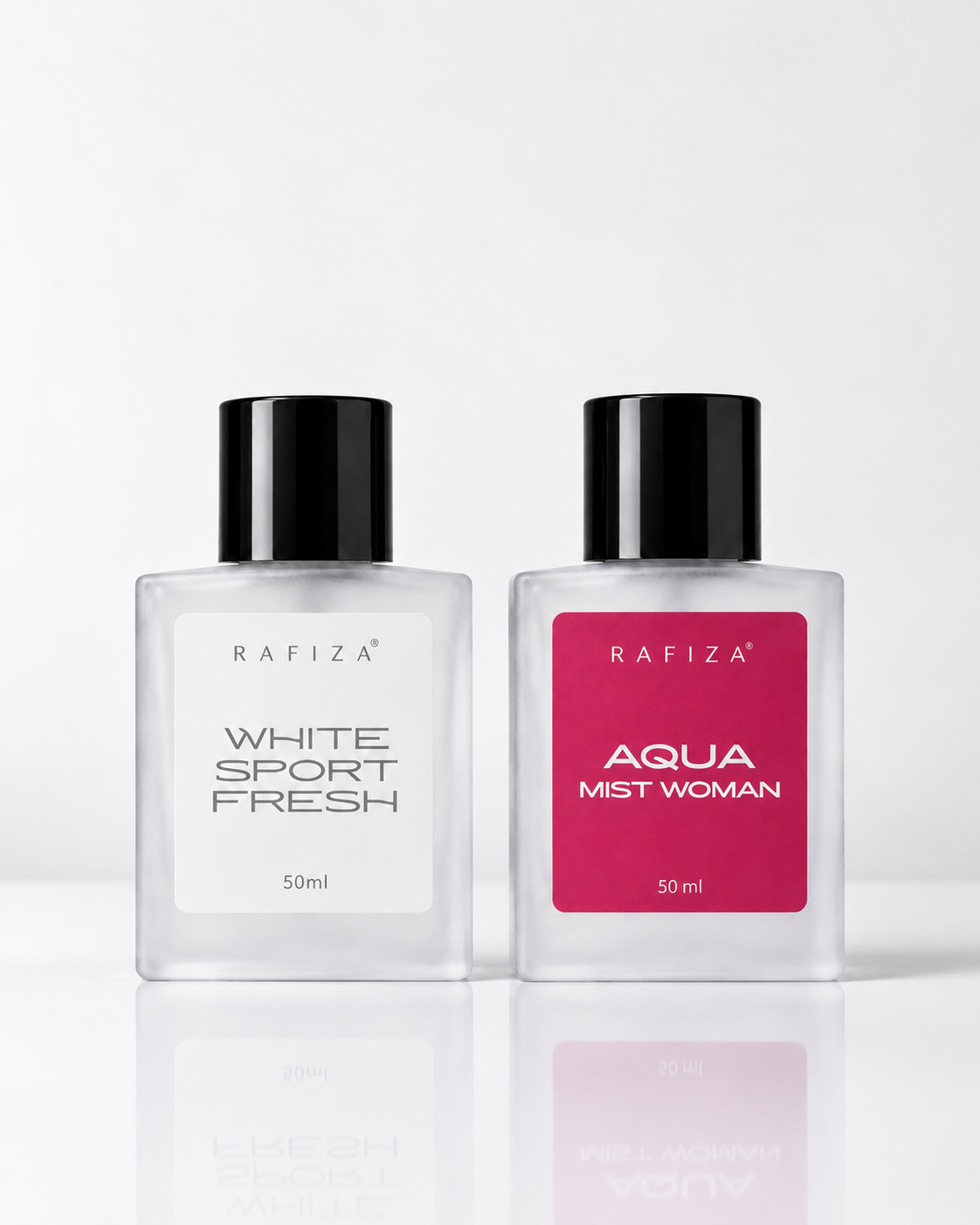Two 50ml Rafiza perfume bottles on a reflective white surface against a light gray background. The left bottle is labeled 'WHITE SPORT FRESH' with a white label and black cap.