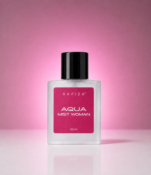 A 50ml bottle of Rafiza Aqua Mist Woman perfume, featuring a clear glass bottle with a black cap and a vibrant magenta-pink label, set against a matching pink gradient background.