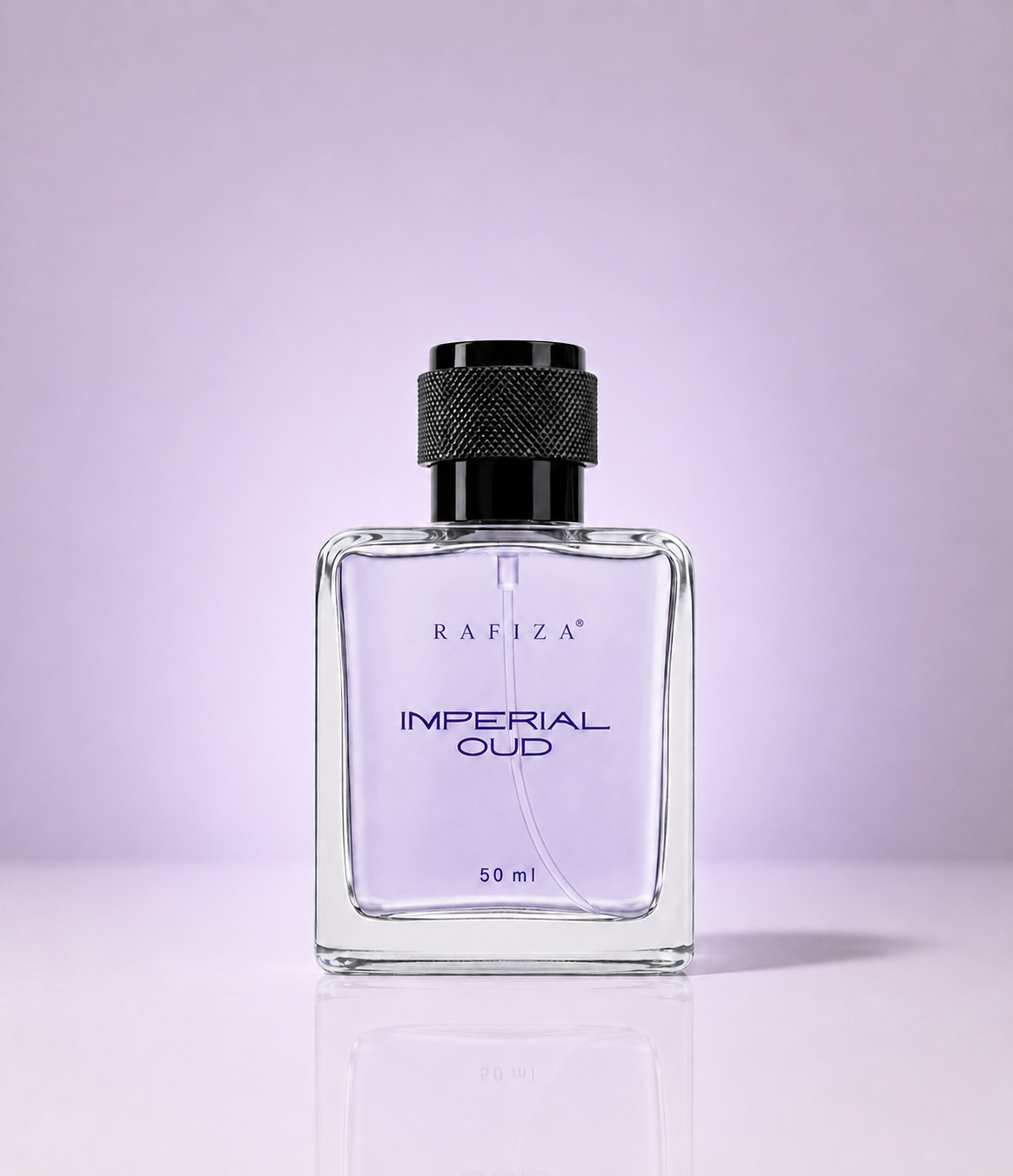 A 50 ml bottle of Rafiza Imperial Oud perfume with a clear glass body showing light purple liquid, a black textured cap, and silver lettering, set against a solid lavender background.