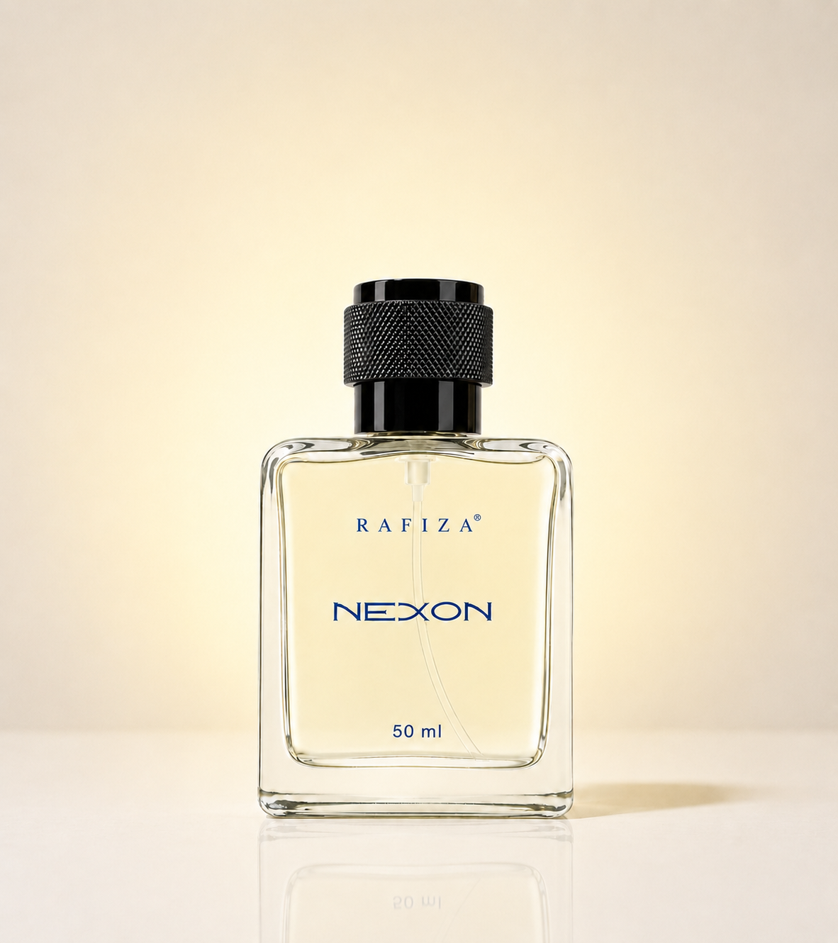A 50 ml bottle of NEXON Rafiza fragrance, featuring a clear glass rectangular bottle with a textured black cap, set against a warm beige gradient background.