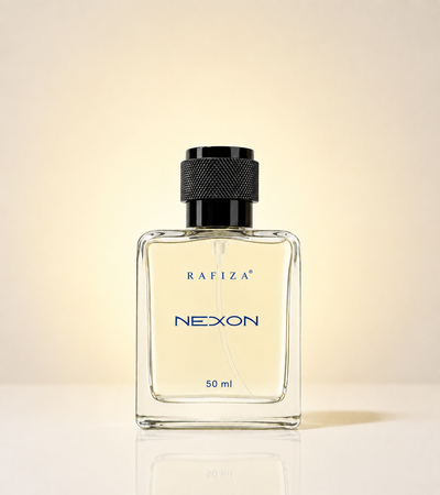 A 50 ml bottle of NEXON Rafiza fragrance, featuring a clear glass rectangular bottle with a textured black cap, set against a warm beige gradient background.