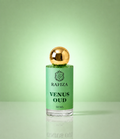 A 50 ml bottle of Rafiza Venus Oud perfume with a metallic gold spherical cap and a light green label, set against a matching light green gradient background.