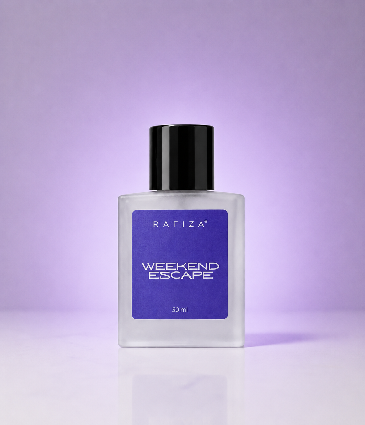 A 50ml bottle of Rafiza Weekend Escape fragrance, featuring a frosted glass body, a black cap, and a purple label, set against a matching purple gradient background.