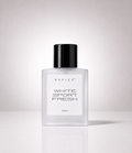 A 50ml bottle of Rafiza White Sport Fresh, featuring a clear glass body, a white label with black text, and a glossy black cap, set against a clean light gray gradient background.